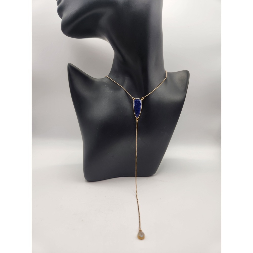 Karen London 24KT Gold Plated Blue Lapis Lazuli Lariat Necklace‎ Shield Pendant